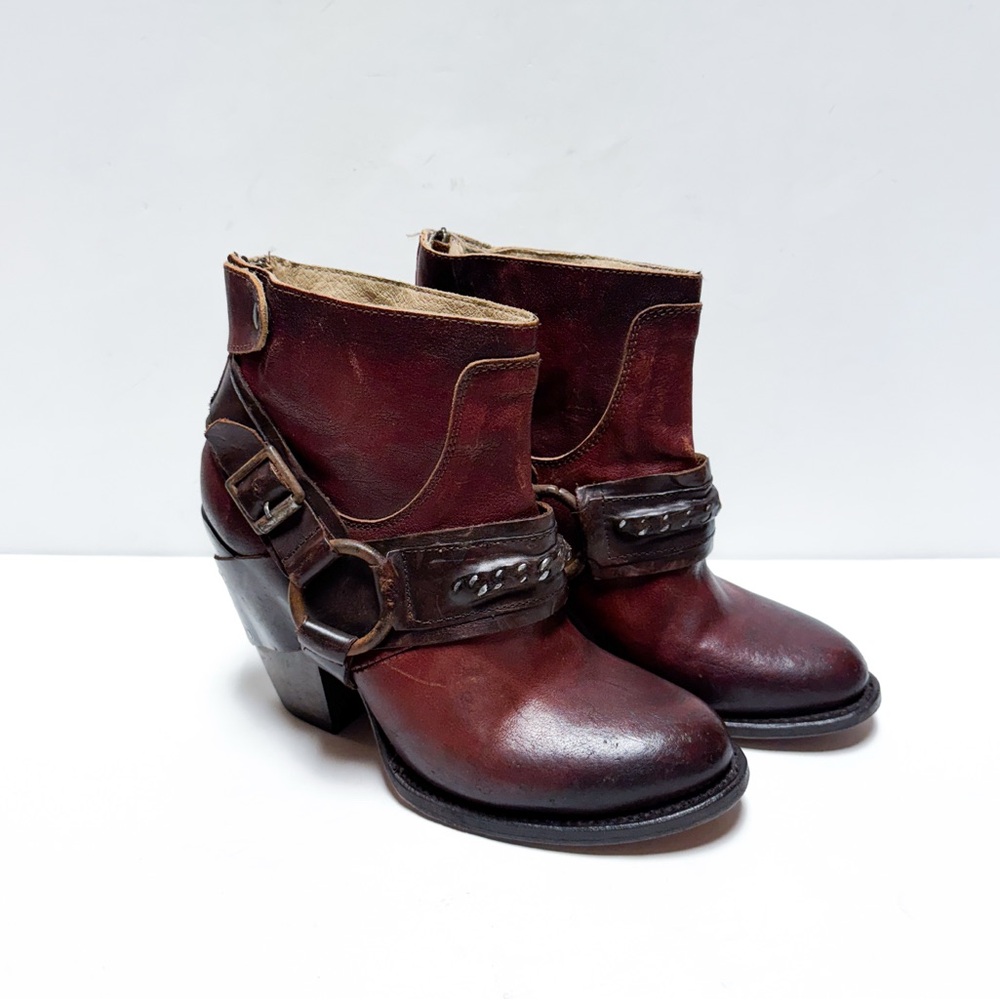 Freebird El Paso Red Leather Distressed Harness Back Zip Belted Ankle Boots